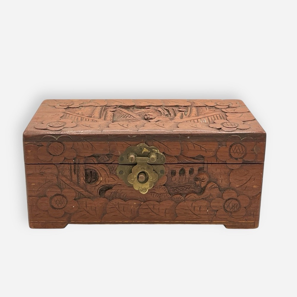 Vintage Asian Carved Camphor Wood Jewelry Box Brass Red Silk Lined